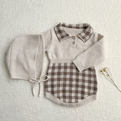 Baby Checkerboard Pattern Polo Neck Knit Warm Onesies