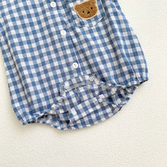 Summer Arrival Baby Boys Plaid and Teddy Bear Pattern Short Sleeves Onesies with Turn-down Collar