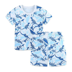 Summer Baby Kids Blue Dinosaurs Pattern T-shirt and Shorts Casual Clothing Set for Boys