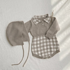 Baby Checkerboard Pattern Polo Neck Knit Warm Onesies