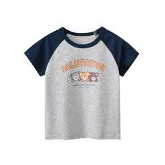 Boys Animal And Letters Print Color Patchwork T-Shirt In European And American Style