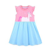 Summer Hot Selling Cute Unicorn Cartoon Pattern Fly Sleeves Color Patchwork Dress for Stylish Girls