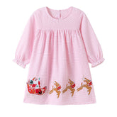 Autumn Arrival Cartoon Animals Christmas Pattern Long Sleeves Crew Neck Dress for Stylish Girls