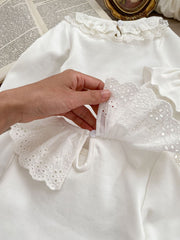 Spring Collection: Baby Girls’ Long Sleeve Doll Collar Base Shirt With 3 Kinds Of Lace Trim