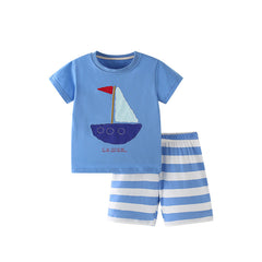 Summer Baby Kids Geometric Boat Pattern T-shirt and Shorts Clothing Set for Boys