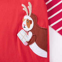 Autumn and Spring Arrival Christmas Cartoon and Striped Pattern Long Sleeves Crew Neck Dress for Stylish Girls