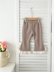 Arrival Autumn Baby Kids Girls Cheap Plaid Trousers Pants with Lace Trim