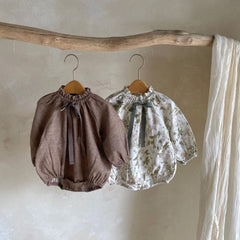 Arrival Baby Girls Vintage Floral/Plain Bow-Tie Lantern Sleeves Onesie