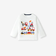 Spring And Autumn Boys Cartoon Vehicles Pattern Long Sleeves Top T-Shirt And Solid Color Pants Clothing Set