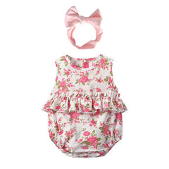 Baby Girl Floral Print Graphic Ruffle Design Sleeveless Onesies & Headband