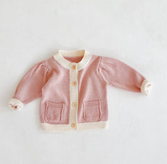 Baby Girl Contrast Pattern Buttoned Front Puff Sleeve Knitted Cardigan