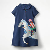 Summer Arrival Girls Short Sleeves Horse Racing Cartoon Turn-Down Collar Dress