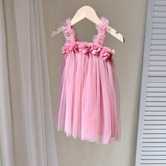Summer Baby Kids Girls Sleeveless 3D Flowers Mesh Strap Dress