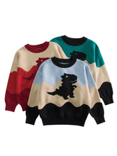 Baby Boy Kids Dinosaur Pattern Crew Neck Long Sleeves Color Patchwork Knitwear Pullover