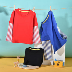 Boys And Girls Striped Sleeve Patchwork O-Neck Fake Hoodie In Autumn