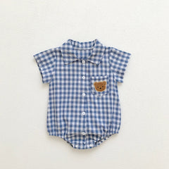 Summer Arrival Baby Boys Plaid and Teddy Bear Pattern Short Sleeves Onesies with Turn-down Collar