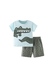Summer Baby Kids Cartoon Crocodiles Pattern T-shirt and Shorts Casual Clothing Set for Boys