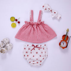 Baby Girl Plaid Pattern Sling Tops Combo Polka Dot Shorts With Handband Sets