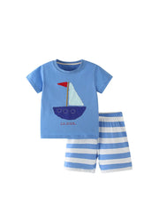 Summer Baby Kids Geometric Boat Pattern T-shirt and Shorts Clothing Set for Boys