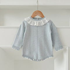 Autumn Design Baby Girls Long Sleeves Hollow-out Striped Pattern with Cute Collar Onesies