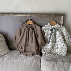 Arrival Baby Girls Vintage Floral/Plain Bow-Tie Lantern Sleeves Onesie