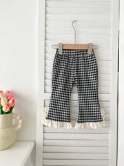Arrival Autumn Baby Kids Girls Cheap Plaid Trousers Pants with Lace Trim