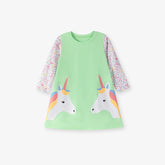 Autumn and Spring Arrival Unicorn and Flowers Pattern Long Sleeves Color Patchwork Dress for Stylish Girls