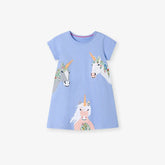 Summer Arrival Unicorn Cartoon Pattern Short Sleeves Dress for Stylish Girls