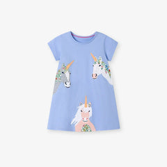 Summer Arrival Unicorn Cartoon Pattern Short Sleeves Dress for Stylish Girls