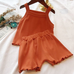 Baby Girl Solid Color Sleeveless Vest With Shorts Sets