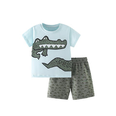 Summer Baby Kids Cartoon Crocodiles Pattern T-shirt and Shorts Casual Clothing Set for Boys