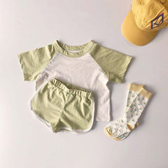 Baby Boys And Girls Color Patchwork Design Round Neck Short-Sleeved Top Combo Shorts Summer Cotton Sets