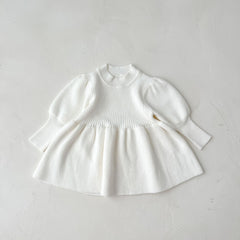 Baby Girl Solid Lantern-Sleeved Knitting Dress In Autumn