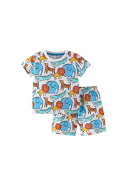 Summer Baby Kids Cartoon Lions and Elephants Pattern T-shirt and Shorts Clothing Set for Boys