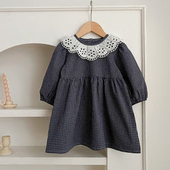 Lace Collar Grid Pattern Long Sleeve Bodysuit OR Dress For Toddler