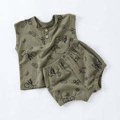 Summer Baby Kids Unisex Floral/Fruit Printing Sleeveless Crew Neck Vest And Shorts Clothing Sets