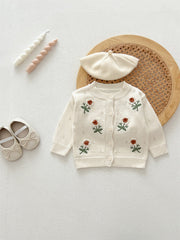 Autumn Arrival Baby Kids Girls Comfortable Flowers Embroiedery Pattern Knitted Long Sleeves Cardigan
