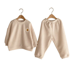 Baby Solid Color Sunflower Patched Pattern Hoodies With Pants Sets