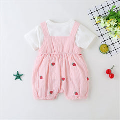 Baby Girl Plaid Graphic Strawberries Embroidery Snap Button Jumpsuit & Solid Tee Sets