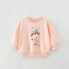 Baby Girl Cartoon Print Pattern Loose Pullover Round Neck Hoodies