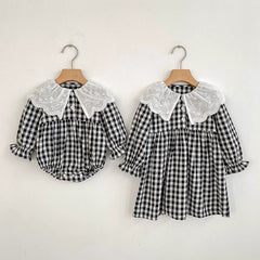 Autumn Baby Girls French-style Flowers Pattern Collar Long Sleeves Plaid Onesies and Dress – Princess Sister Matching Set