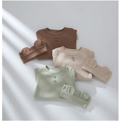 Baby Solid Color Pit Strip Graphic Long Sleeves Soft Cotton Romper Jumpsuit With Headband