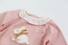 Baby Girl Bunny Print Pattern Ruffle Neck Long Sleeved Knitted Sweater