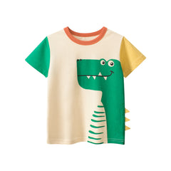 Boys's Cartoon Dinosaur Print Color Patchwork Short Sleeves T-Shirt In European And American Style