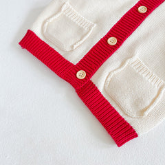 Baby Girl Contrast Pattern Buttoned Front Puff Sleeve Knitted Cardigan