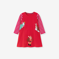 Autumn and Spring Arrival Christmas Cartoon and Striped Pattern Long Sleeves Crew Neck Dress for Stylish Girls