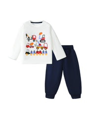 Spring And Autumn Boys Cartoon Vehicles Pattern Long Sleeves Top T-Shirt And Solid Color Pants Clothing Set
