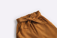 Baby Girl Solid Color Bow Tie Design Corduroy Nine Point Wide Leg Pants