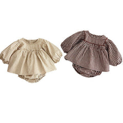 Autumn Hot Selling Baby Girls Long Sleeves Plaid Top Dress And Bloomer Clothing Set