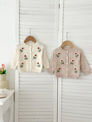 Autumn Arrival Baby Kids Girls Comfortable Flowers Embroiedery Pattern Knitted Long Sleeves Cardigan
